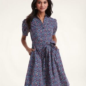 Brooks Brother’s Stretch Cotton Printed Shirt Dress Floral Blue